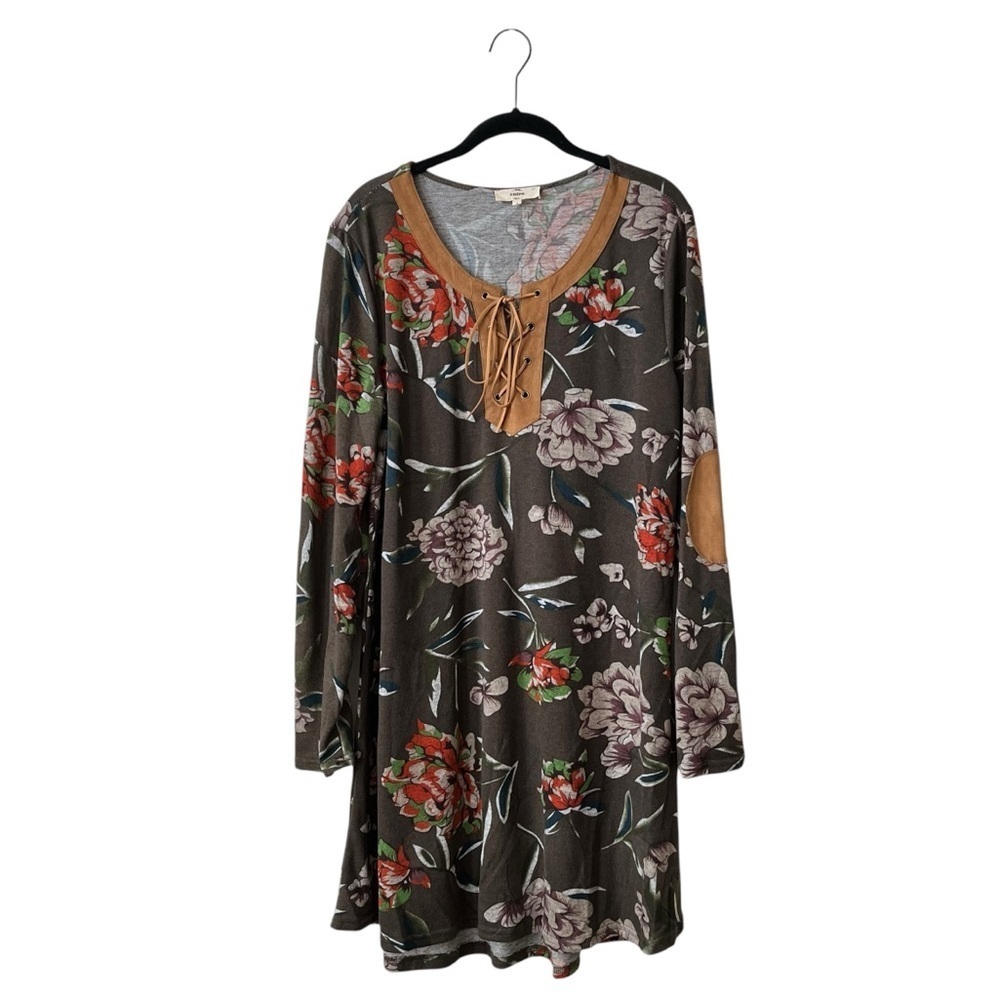 Entro Dress Women's Size L Brown Floral Lace Up Elbow Patches Long Sleeve Boho